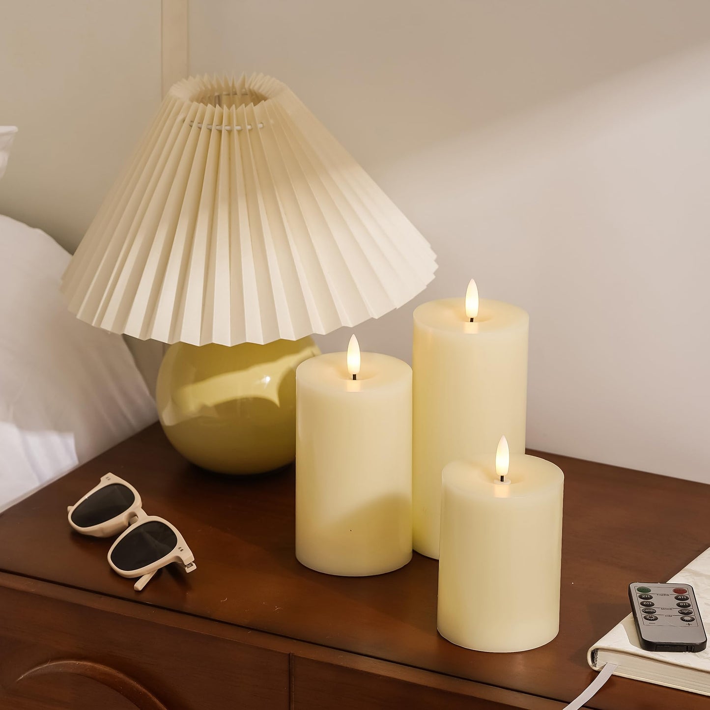 Stmarry Ivory Flameless Candles with Remote and Timer, Real Wax Made LED Pillar Candles Battery Operated with 3D Flickering Flame - 3" x 4",5",6" - Set of 3