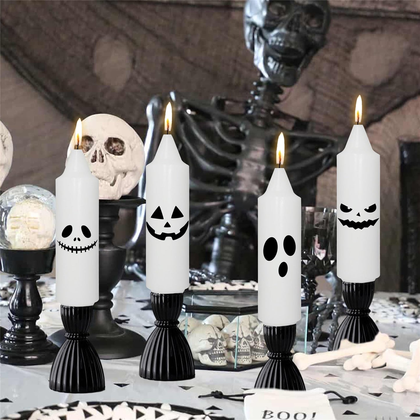 Spooky Taper Candles Halloween Candlesticks - 5 Inch White Candle Sticks Dripless Fat Candles with Eyes - Fall Table Centerpiece Haunted House Party Decorations Wedding Home Decor