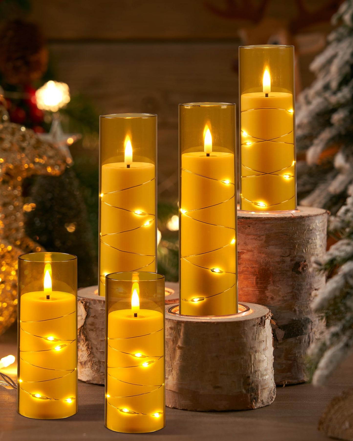 Da by Flameless Candle Light, Battery Candle with recessed String Lights, 5 flameless Candles with 11-Key Remote Control, 24-Hour Timer Function, Champagne Color (Pack of 2)