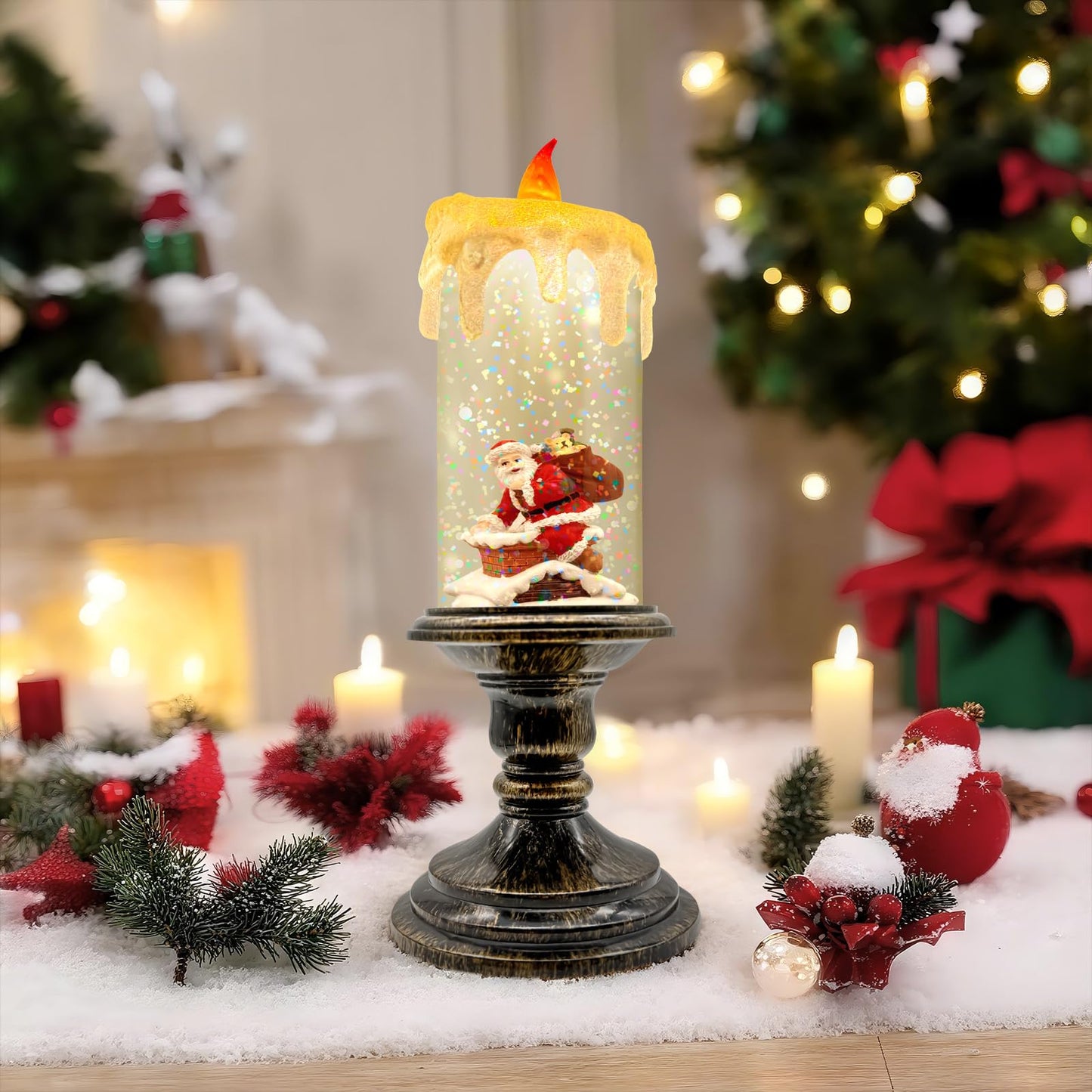 Christmas Snow Globe Candle, Battery Powered with Timer, Christmas Flameless Candles Lantern with Santa Claus for Home Decoration Festival Gift, Snow Globe Candle Light for Christmas Decorations