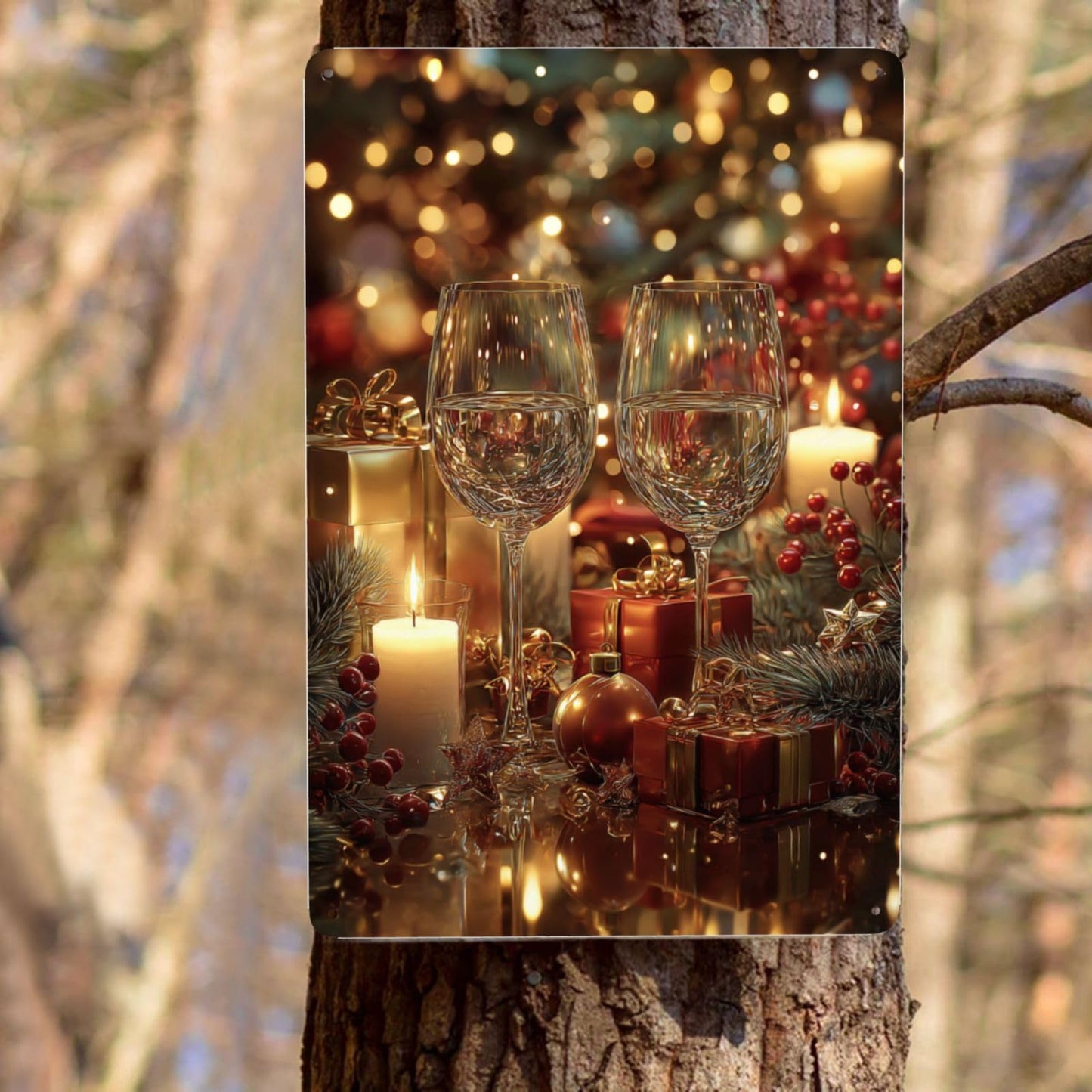 MA6GE8DE Two Wine Glasses With Candles, Gifts, Pine Sprigs And Berries, Warm Bokeh Glow,Metal Tin Plaque Sign, Ideal For Living Room And Bar Club, Gifts For Friends And Family 6x8 Inch