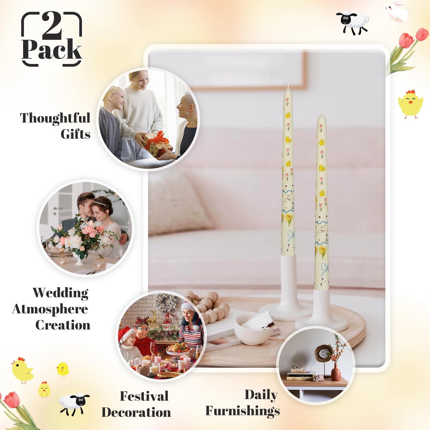 Taper Candles 10 Inch Print Candle Handmade Unscented Rabbit Long Candles 2 Pack Twisted Candlesticks for Wedding Home Decoration Gifts