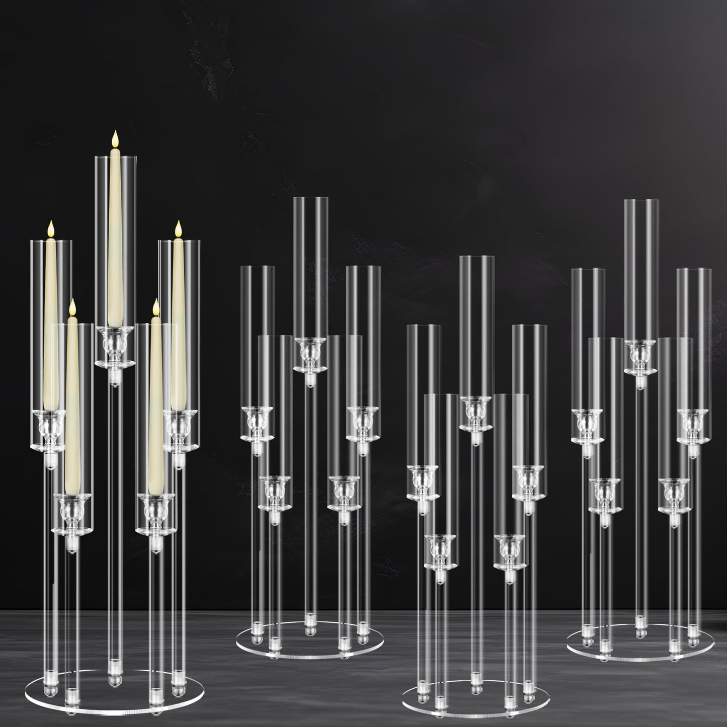 4 Sets 5 Arms Acrylic Candelabra Centerpieces for Tables,Clear Candle Holder for Wedding,Ceremony Dinner Party, 27" Tall Candlestick Holders with Lampshade,Fit LED Candle