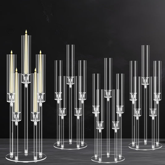 4 Sets 5 Arms Acrylic Candelabra Centerpieces for Tables,Clear Candle Holder for Wedding,Ceremony Dinner Party, 27" Tall Candlestick Holders with Lampshade,Fit LED Candle