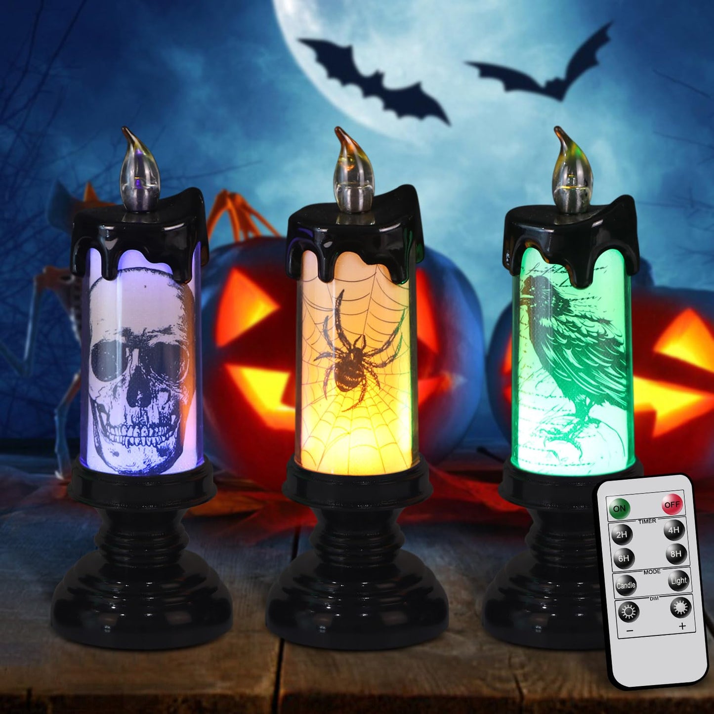 KunSwenn Halloween Flameless Candles Lighted Lamp, Black LED Battery Operated Candles with Remote Timer, Table Centerpiece for Halloween Celebration Parties(Skulls, Spiders, Crows)