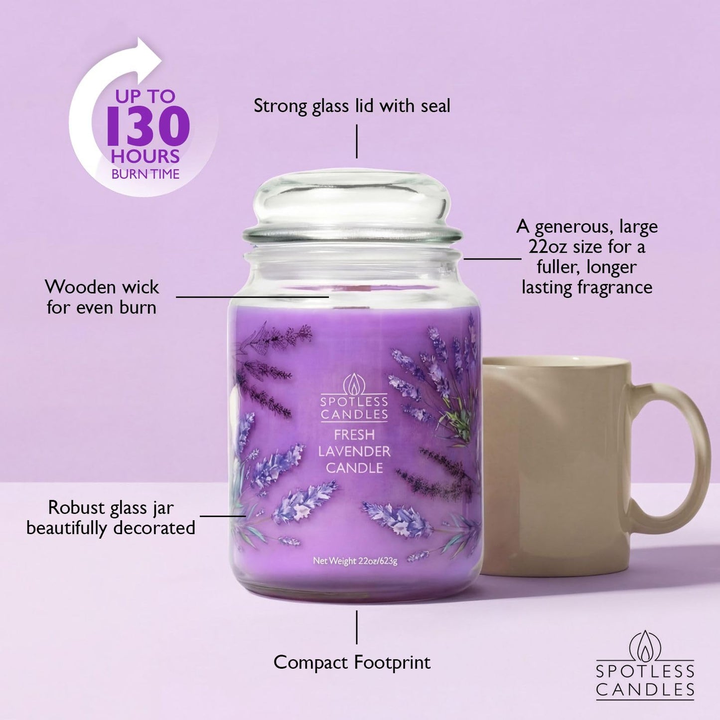 Lavender Candle 22oz: 130 Hours Burn Time, Large Jar Candle with Wooden Wick in a Decorated Jar with a Luxury Gift Box and Protective Shipper by Spotles Candles