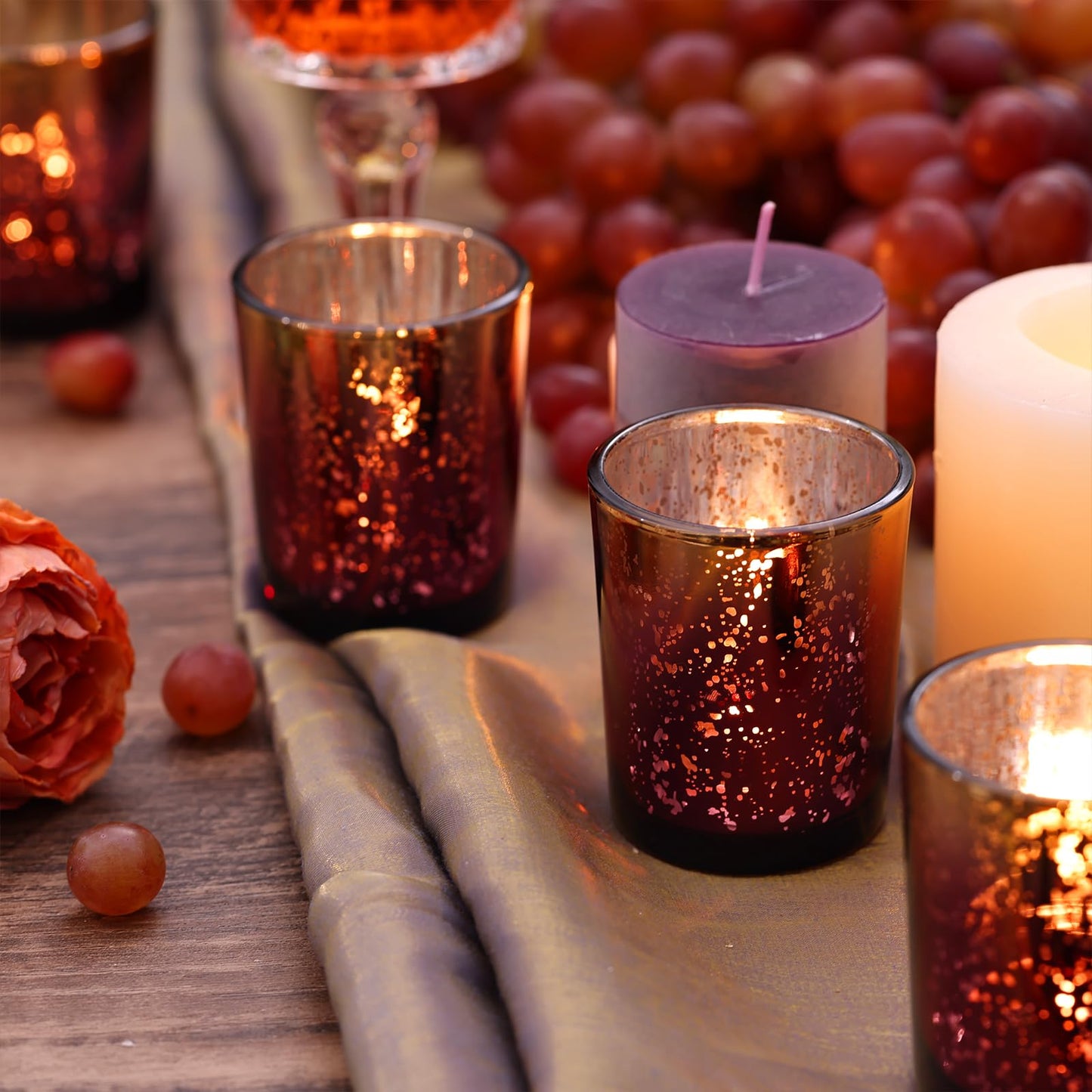 Volens Burgundy Votive Candle Holders Set of 12, Speckles Mercury Glass Tealight Candle Holder Bulk for Table Wedding Centerpiece, Burgundy and Gold Themed Party Decorative & Home Decor