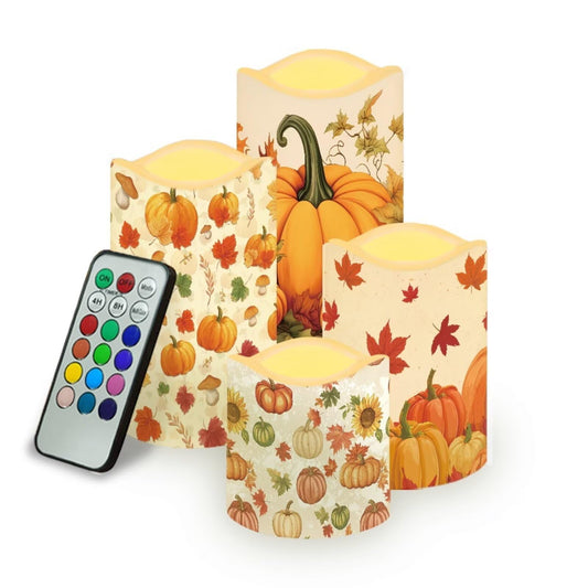 Uorisanigo Pumpkin and Maple Leaf Plastic Flameless Candles with Remote Control and Timer LED Flickering Battery Operated Color Changing Electric Pillar Candles Thanksgiving Day Decoration
