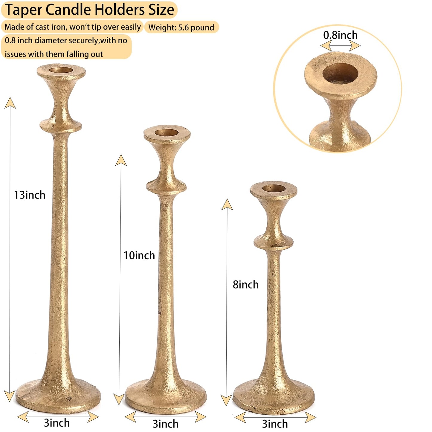 Wenbery Gold Taper Candle Holders Set of 3, Heavy Candlestick Holders Decorative Candle Stand for Table Centerpiece, Cast Iron Candle Stick Holder Decor