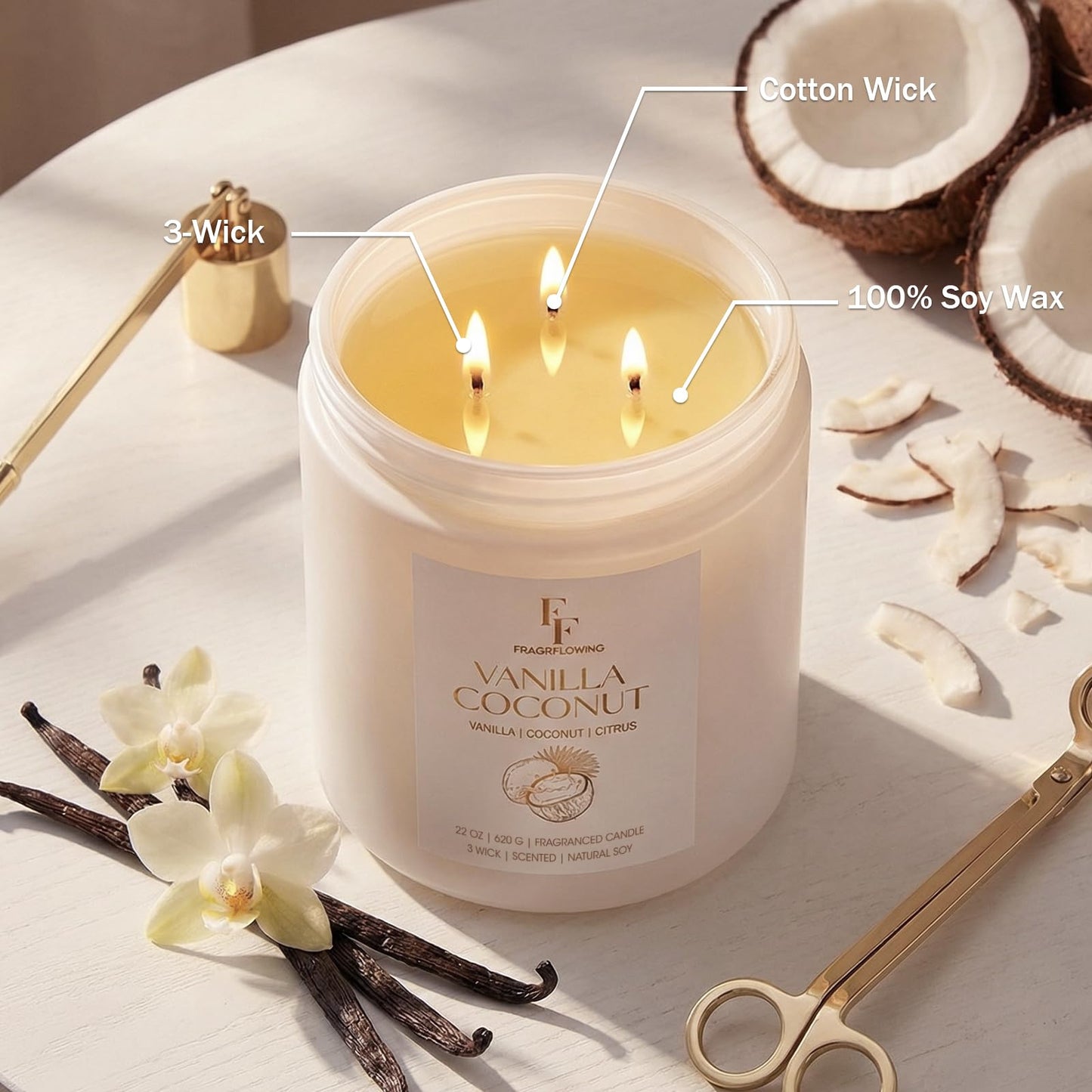 Vanilla Coconut Large Scented Candle, 3-Wick 22oz Long Lasting Scented Candle, Natural Soy Wax Aromatherapy Candle for Home, Candle Gifts for Women Men