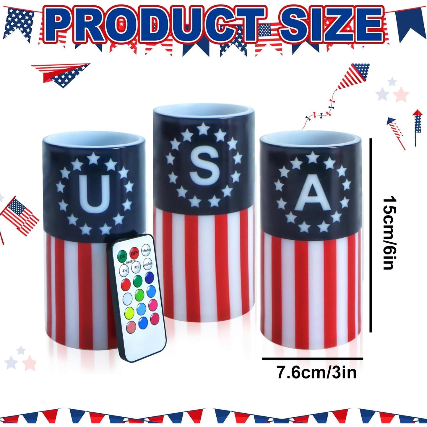 ONEIHOMM 4th of July Candles Battery Operated with Timer Remote Control, Patriotic Candles for American Independence Day Decorations,250th Anniversary American Flag LED Candles,6inch,3 Pcs