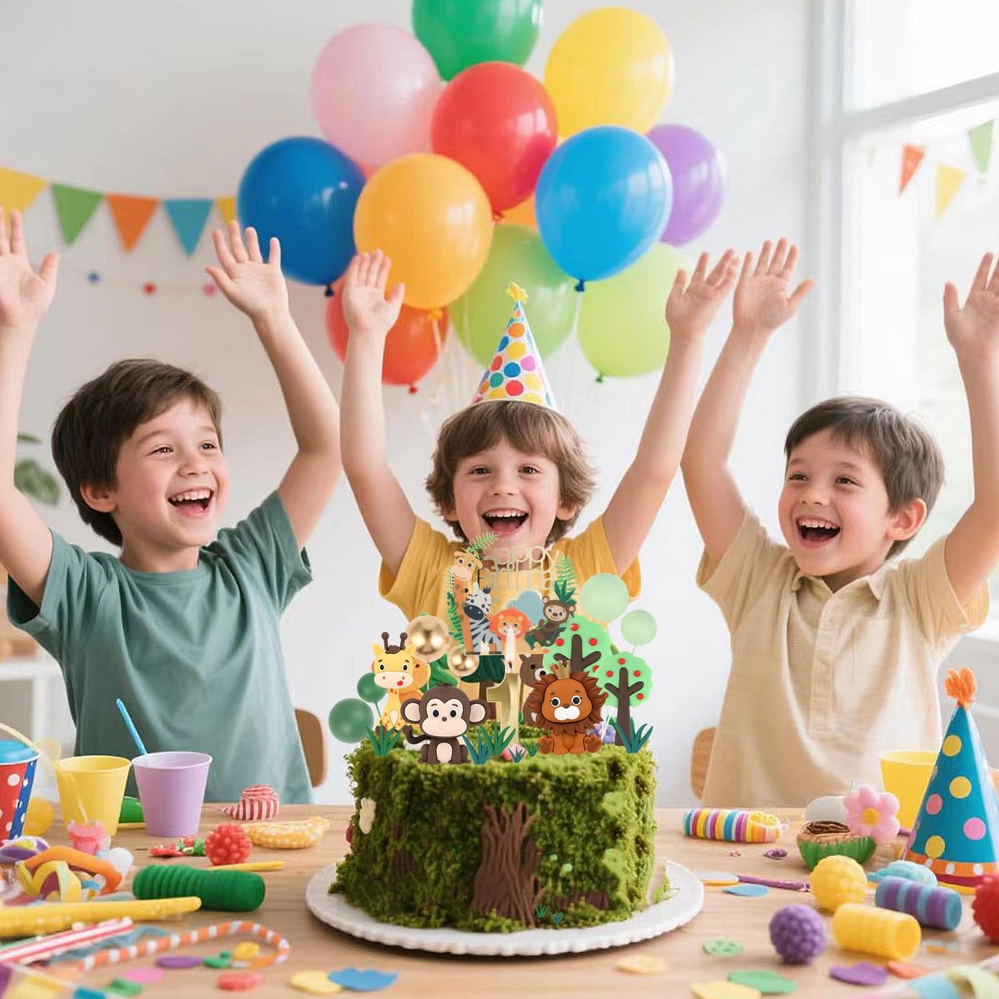 1st Birthday Safari Cake Toppers Set - 3D Lion, Monkey, Giraffe with Number 1 Candle, 8 Grass, Trees & Balls - 21PCS Jungle Animal Cake Decorations Kit for Boys Girls 1 Year Old Party (1st)