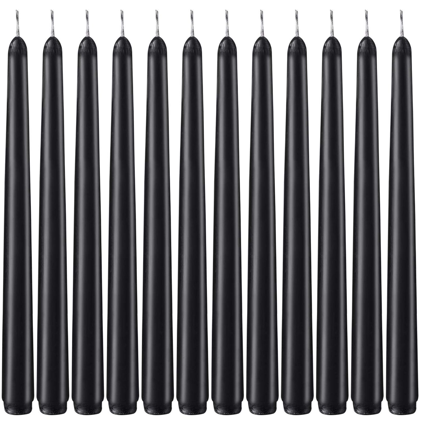 Set of 12 Black Taper Candles, 10 Inch Unscented Dripless Candlesticks - 8 Hours Long Burning for Home Decor, Halloween, Wedding, Parties and Special Occasions