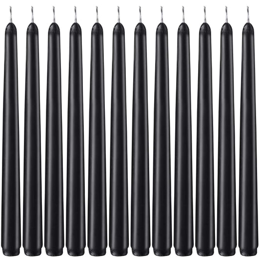 Set of 12 Black Taper Candles, 10 Inch Unscented Dripless Candlesticks - 8 Hours Long Burning for Home Decor, Halloween, Wedding, Parties and Special Occasions