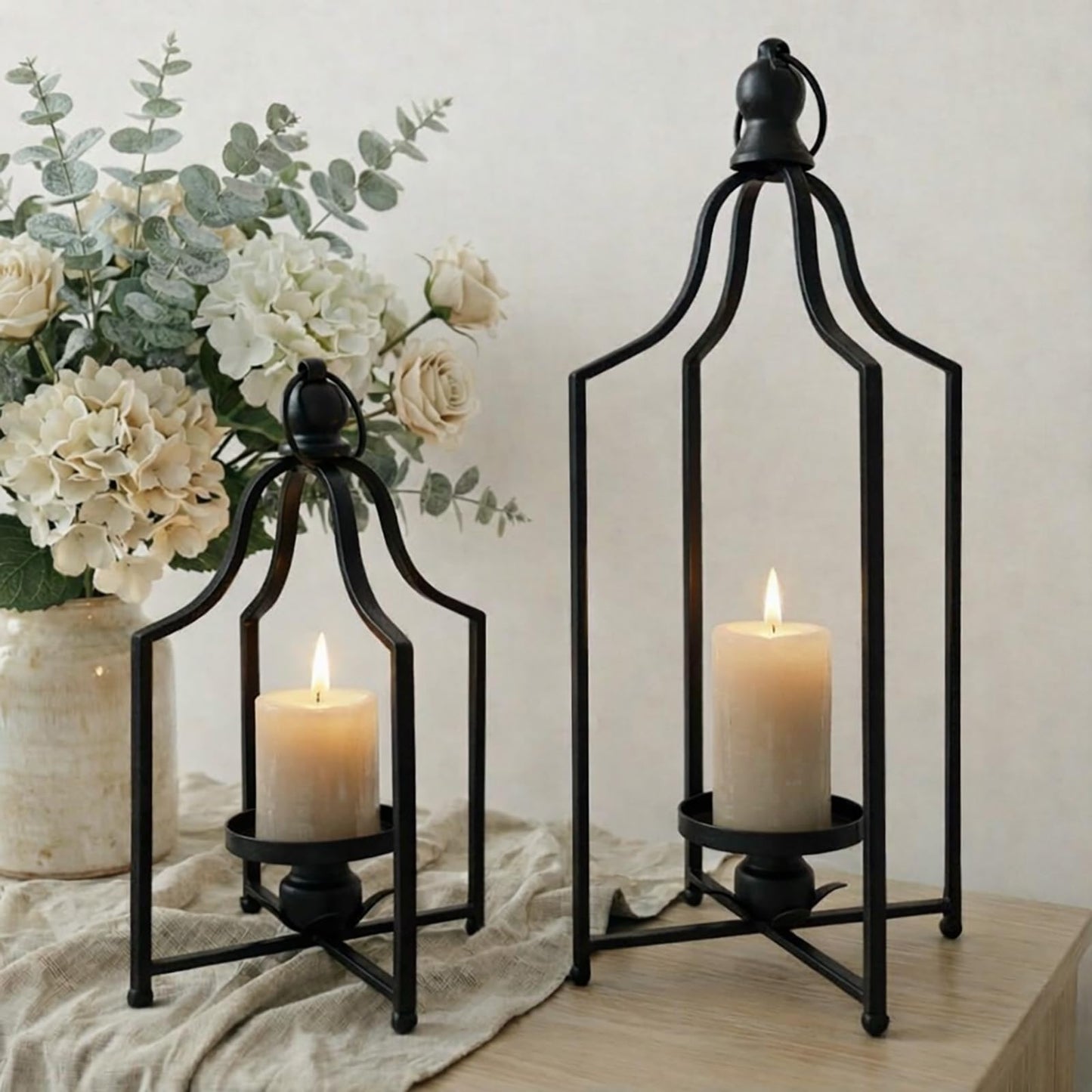 12.5" & 16.5" Timeless Cozy Decorative Lanterns Set of 2, Handcrafted Metal Iron Candle Holders, Farmhouse Elegance Fireplace Mantel Table Festive Gatherings Decor (Matte Black)