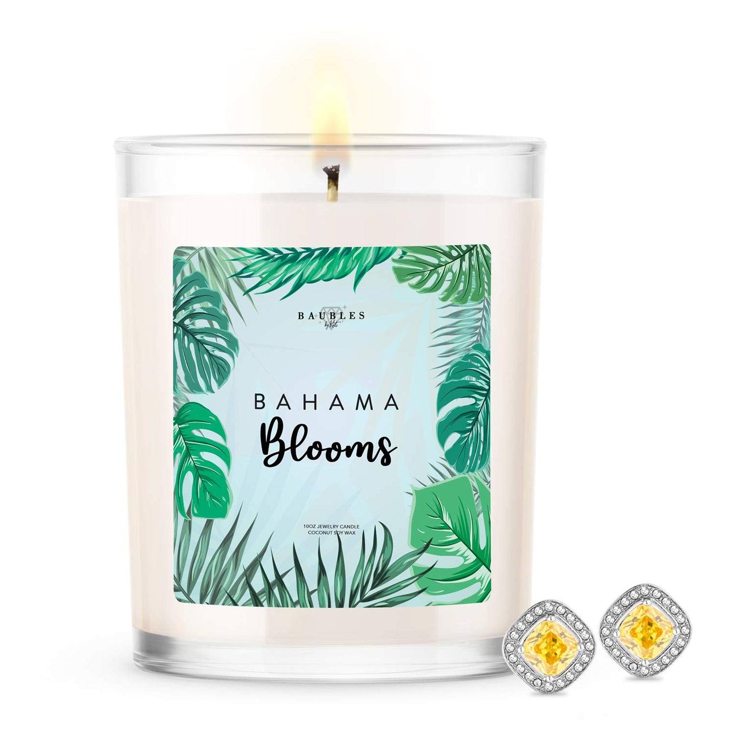 Kate Bissett Baubles Bahama Blooms Scented Premium Candle and Jewelry with Surprise Earring Inside | 10 oz Large Candle | Made in USA | Parrafin Free