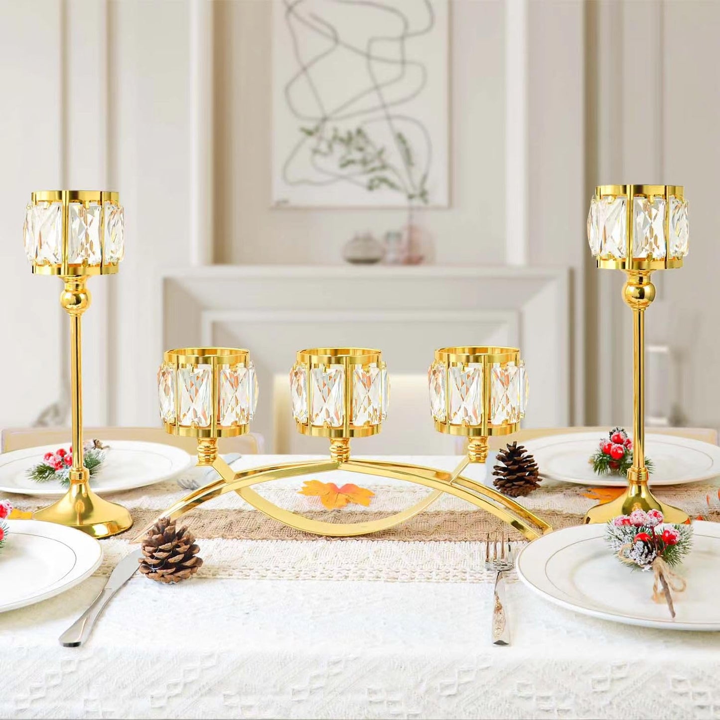 3 Arms Crystal Bowl Tealight Candelabra Votive Candle Stand, Wedding centerpieces for Tables Crystal Candlestick，Centerpiece Table Decorations (Set of 3 Pure Gold)