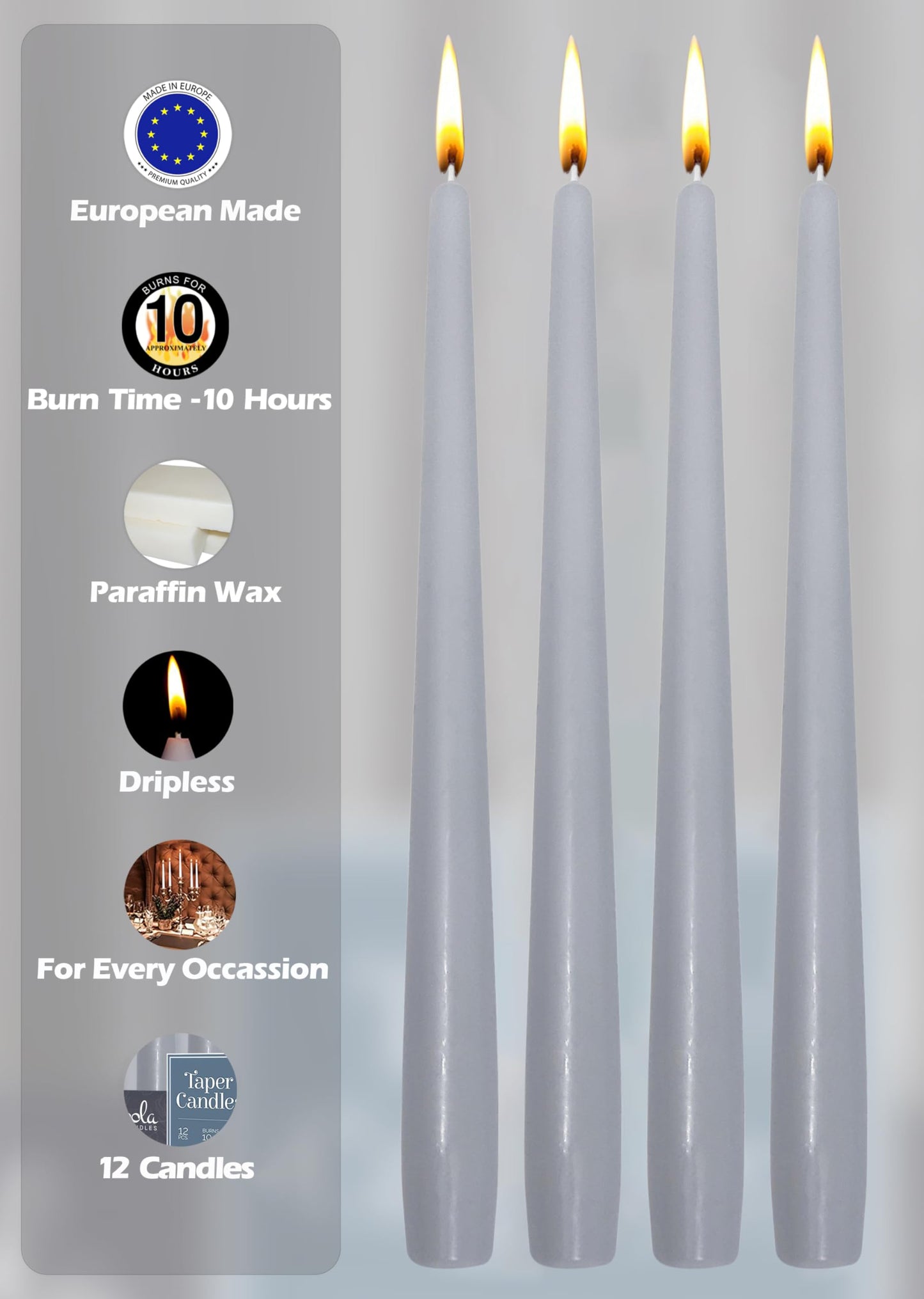 Hyoola Tall Taper Candles - 12 Inch Silver Grey Unscented Dripless Taper Candles - 10 Hour Burn Time - 12 Pack