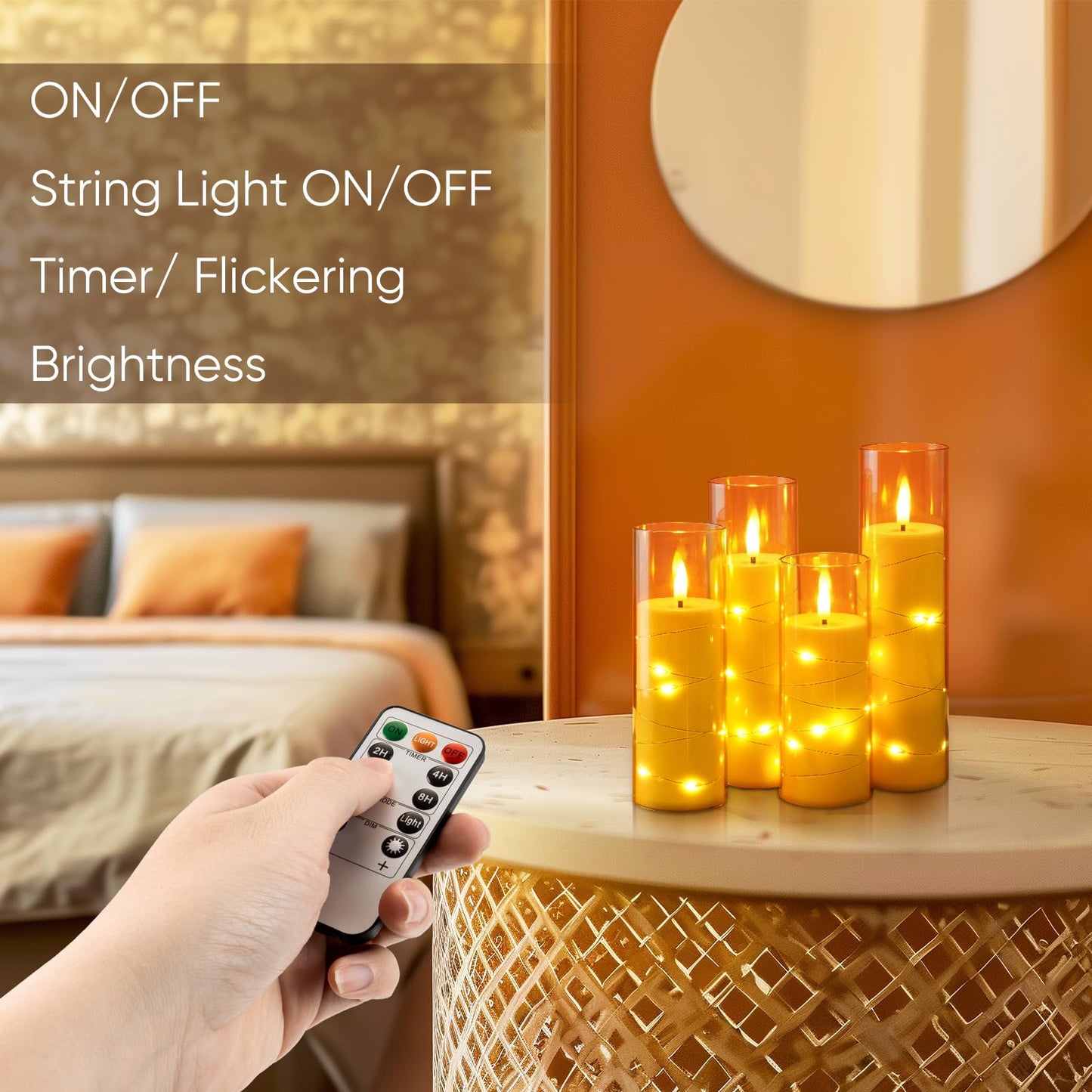 Homemory Flameless LED Candle with Embedded Star String Lights, Fake Candles with Remote Control & Timer, Battery Operated Candles, Amber, Set of 5