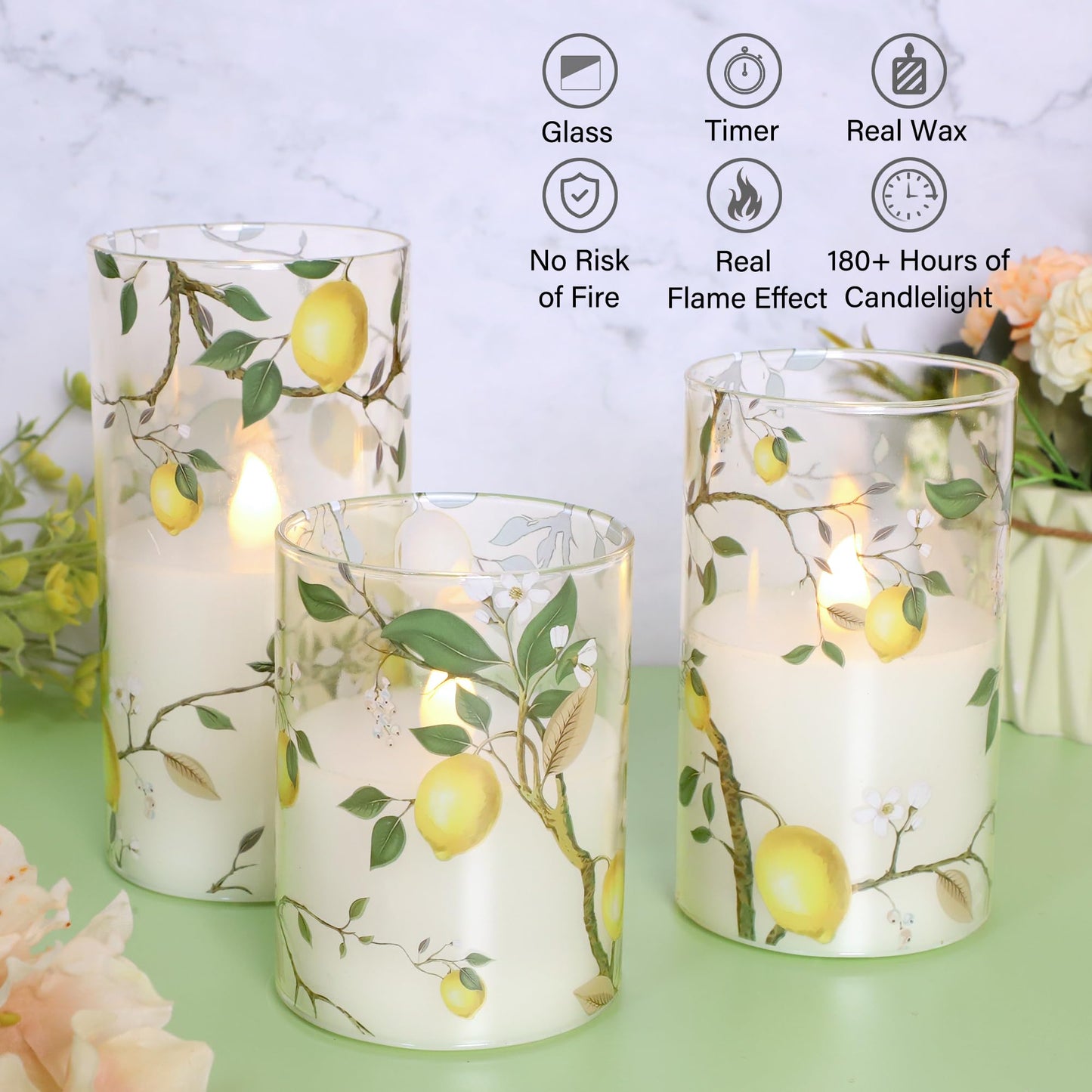 Silverstro Flameless LED Candles with Remote Lemon Decal Glass Flickering Battery Operated Candles for Home Room Party Wedding Holiday Christmas Valentine's Day Decor - Set of 3