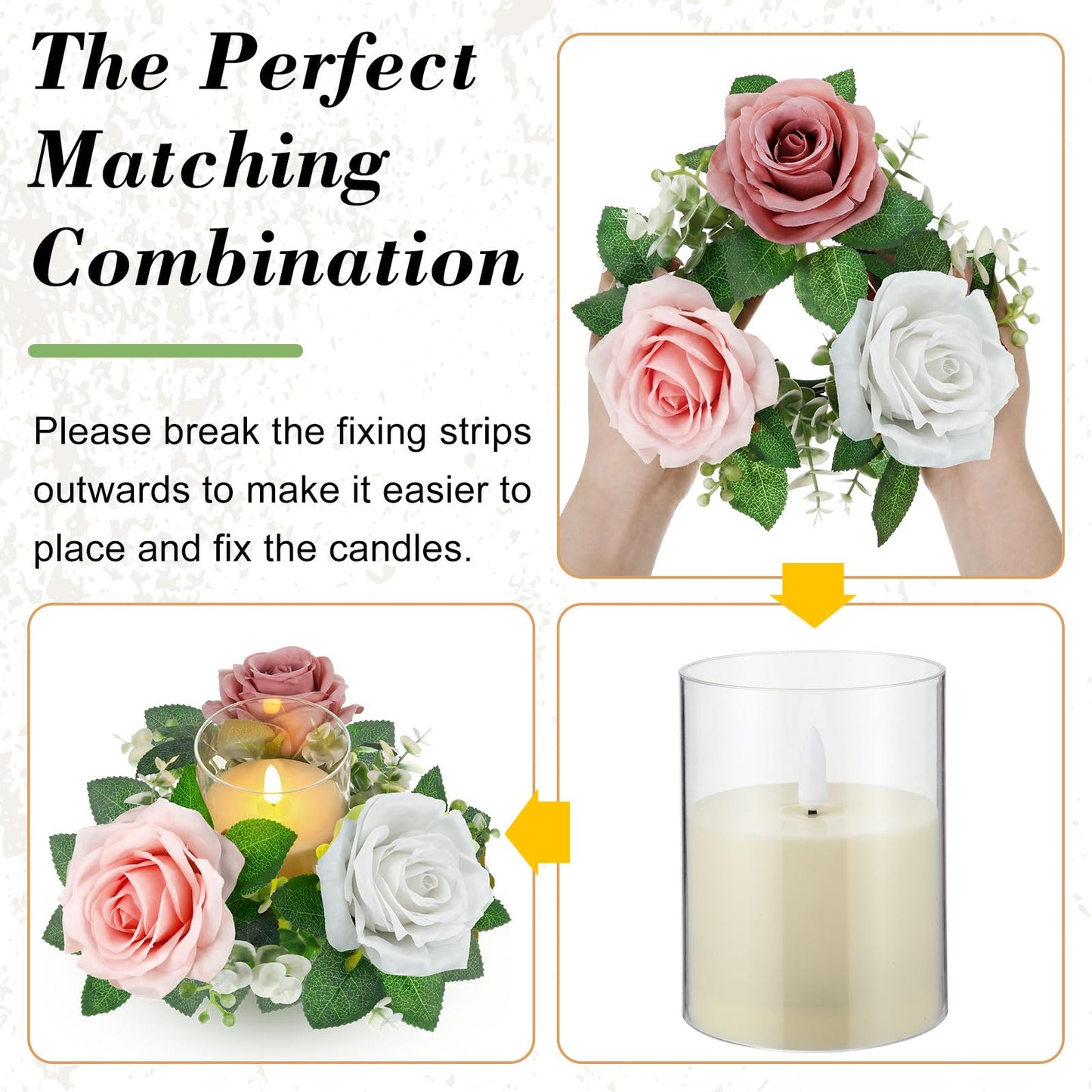 Yunlly 12 Pcs Rose Candle Rings with Flameless Candles Sets, Artificial Flower Eucalyptus Wedding Centerpiece 3 Inch Pillar Candleholders Wreaths for Wedding Party Mother's Day (Pink，White)