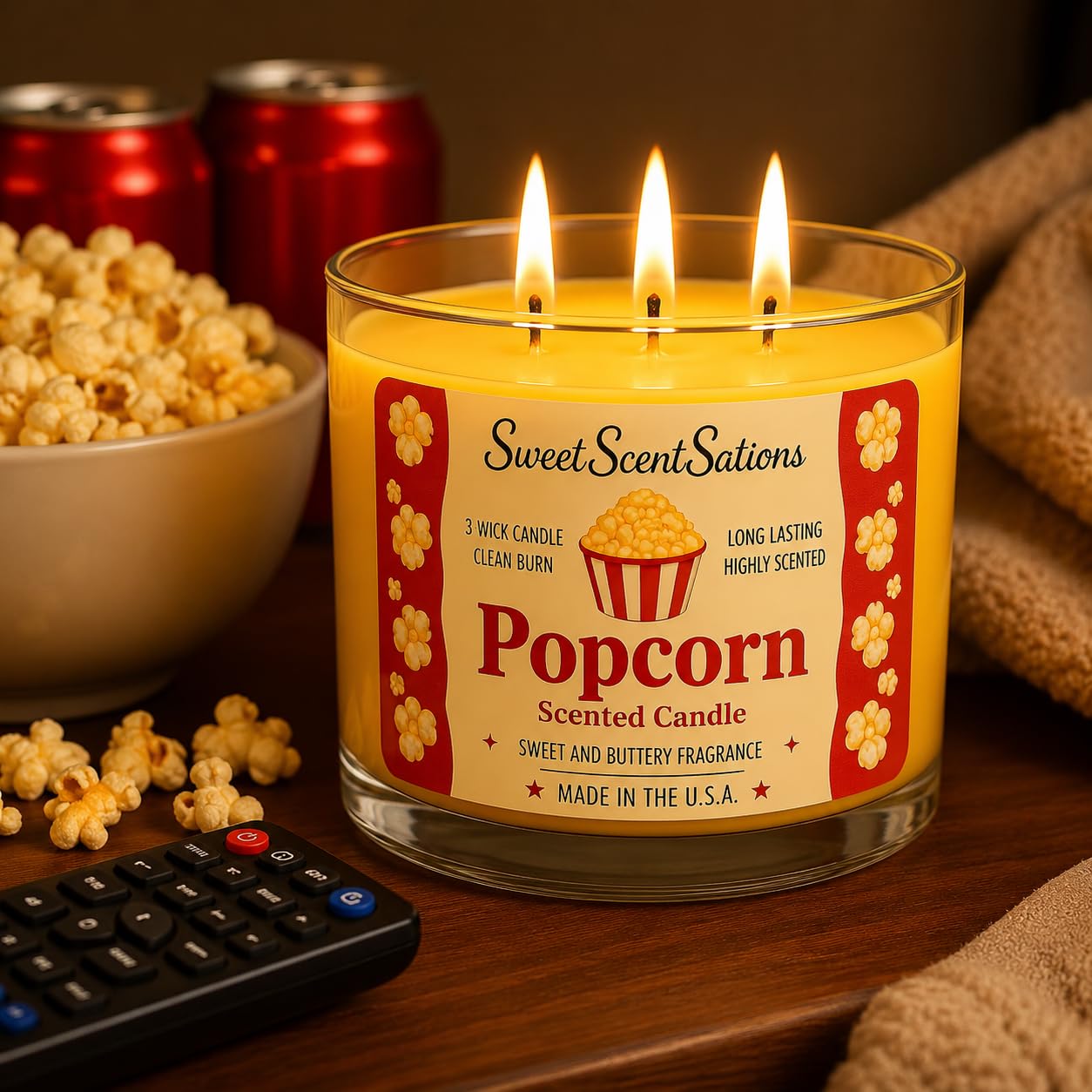 SweetScentSations Popcorn Scented Candle – Salted Butter Popcorn Aroma | Soy Wax Long Burning Candle for Home | Fun Snack-Inspired Candle Gift for Movie Lovers
