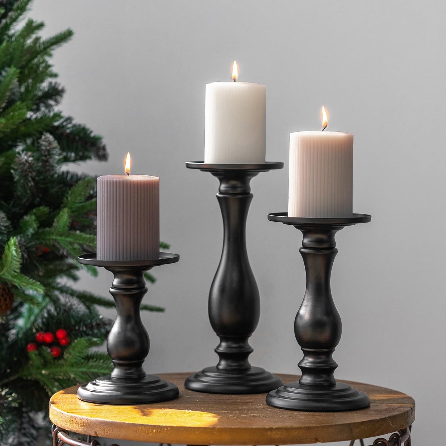 Matte Black Pillar Candle Holders Set of 3-10", 8", 6”H Candlestick Candle Holder Stand, Mother's Day Home Decor Gift for Fireplace/Table Centerpiece/Rustic/Farmhouse