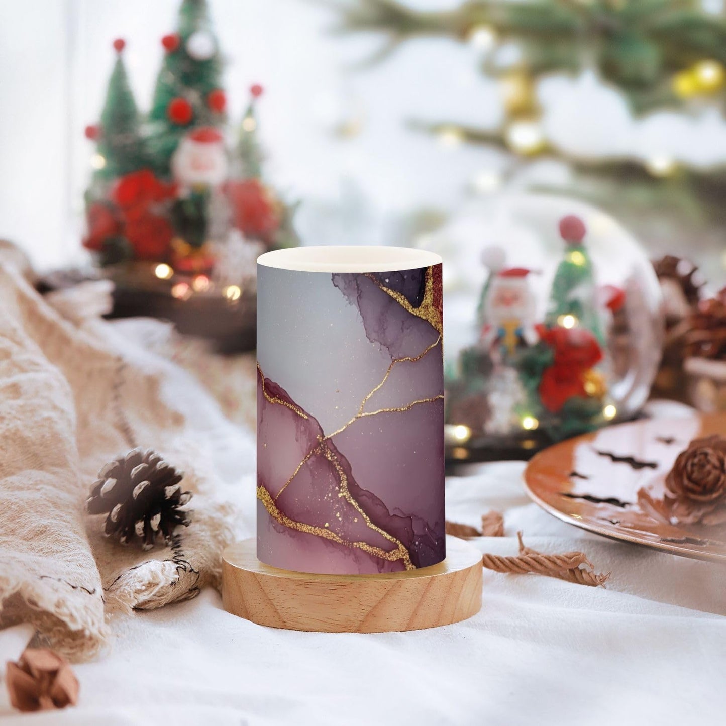 famyily Marble Burgundy Gray Flameless Candles Led Flameless Candles with Timer for Dining Room Table 4" 5" Set of 2