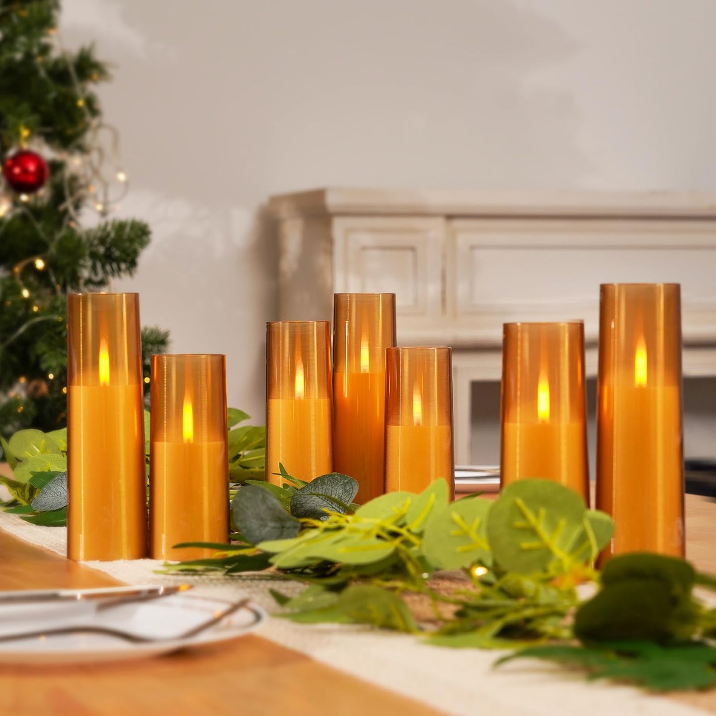 Homemory Amber Flameless Battery Operated LED Candles with Remote Control, Flickering Pillar Candles, 7-Piece Set for Multi-Use Decor, Timer Function Included