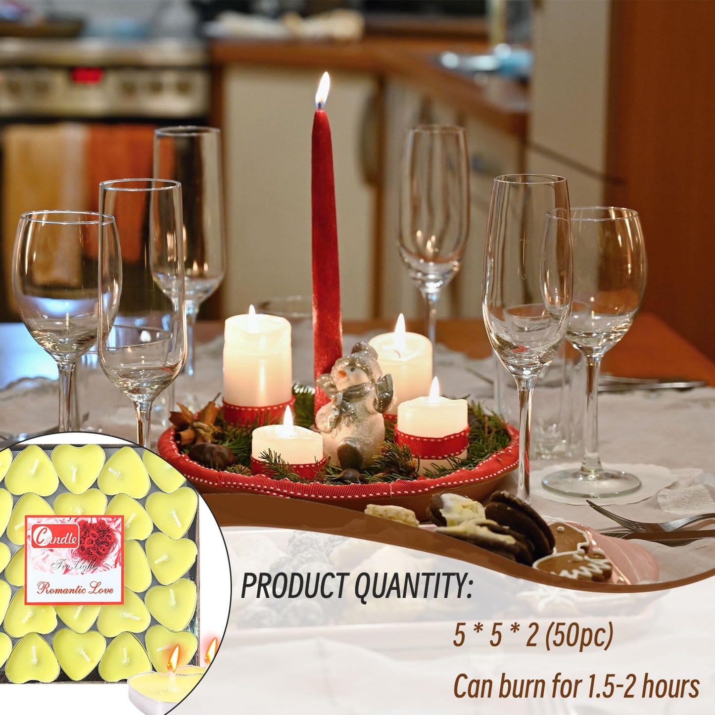 Heart Shaped Tealight Candles 50 Packs,25 * 2 Layers Romantic Love Unscented mokeless for Dinner Home Wedding (Yellow)