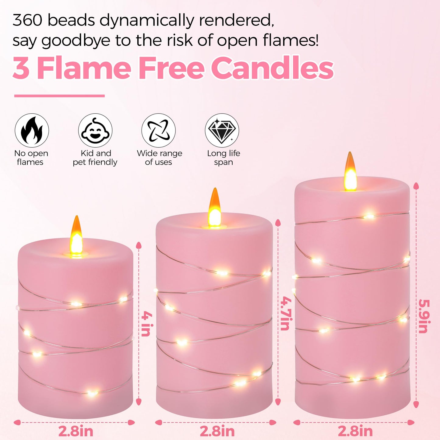 Fanzir Rose Pink Flameless Candles with String Lights Battery Operated Flickering LED Pillar Candles with Remote Control Timer, Set of 3 for Living Room, Table Décor, Christmas Weddings