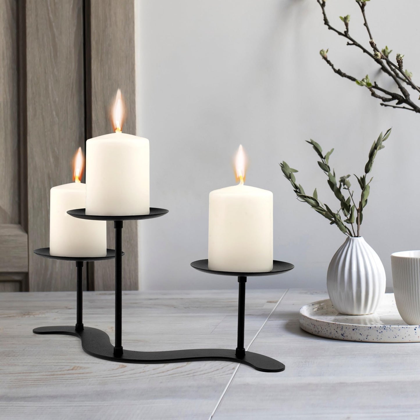 Black Iron Candelabra Candle Holder: Metal Candelabra Centerpiece Decor - 3 Arm Candle Holder Stand for Pillar Candles