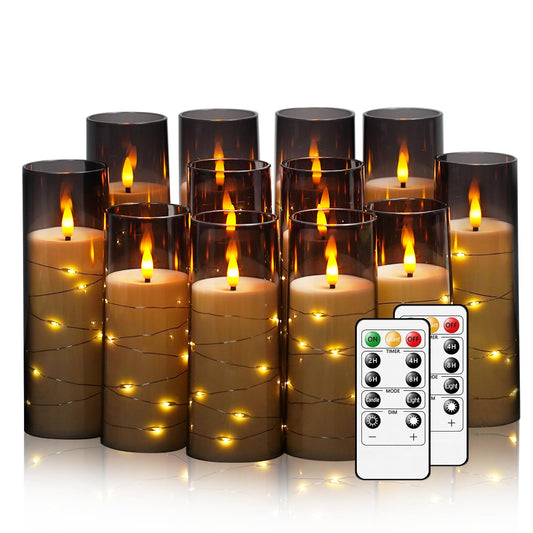 Flameless Candles with Embedded Star String, 12 Pcs Battery Operated LED Pillar Candles with Remote and Timer, Suitable for Home Decor, Party, Christmas & Wedding (Grey)