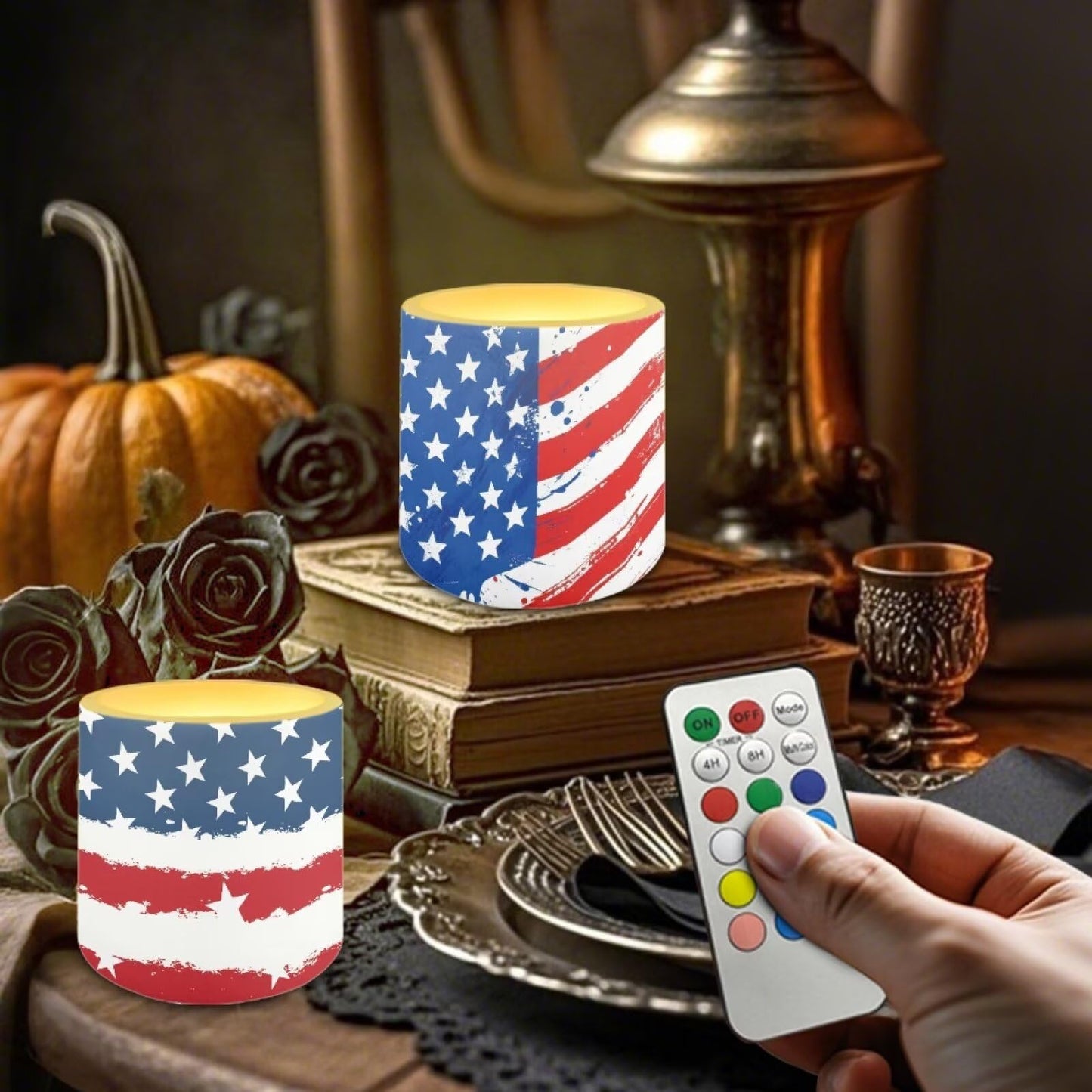 NETILGEN Novelty American Flag Theme 4 Pieces Flameless Candles with Remote Timer Battery Operated LED Flickering Candles for July 4th Patrotic Independence Day Decor