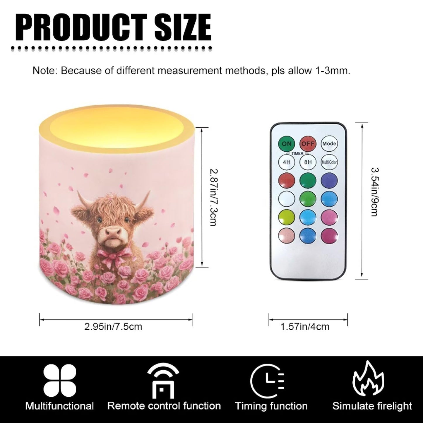 Merkmak Highland Cattle Print Battery Operated Flameless Candles with Remote and Timer Flameless LED Pillar Candles Valentines Day Home Decorations Pink Rose Print Tea Lights