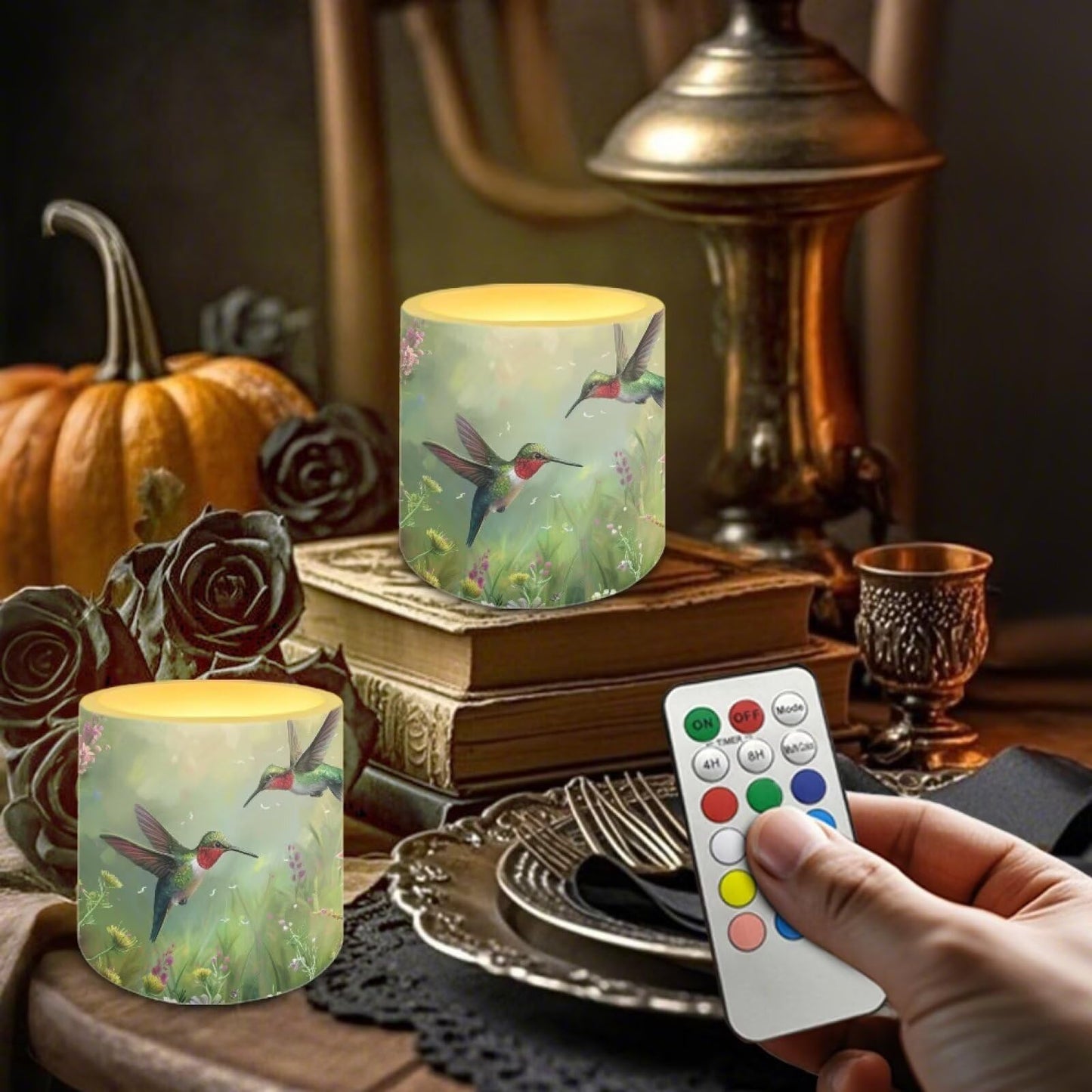 Cozeyat Green Floral Hummimgbird Versatile LED Candles Set of 4 Battery Operated Flameless with Remote Timer Waterproof Dancing Flame for Table Patio Beach Home Decoration
