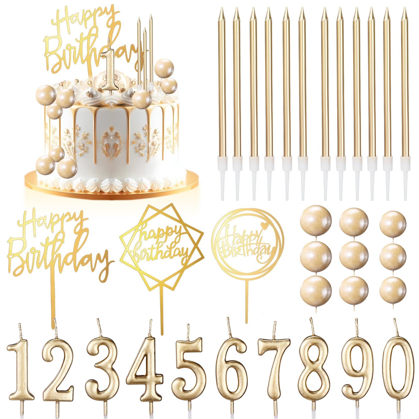 Yerliker 34 Pcs Happy Birthday Cake Toppers Decorations Birthday Candles DIY Cake Decor for Men Women Wedding Anniversary(Champagne)