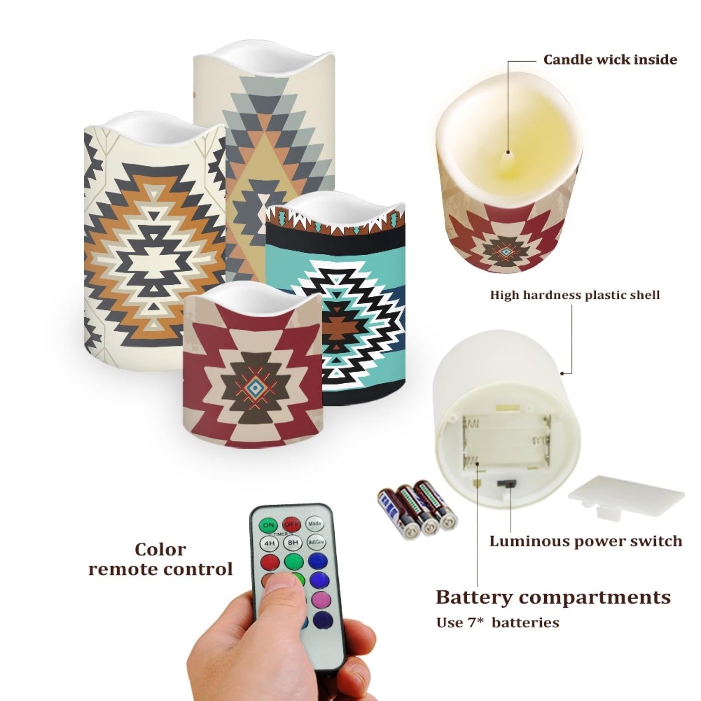 Psesaysky Aztec Flameless Candles Fake Pillar Candles LED Battery Operated Flameless Candles with Remote Color Changing & Timer Ambient Lighting 4 Packs