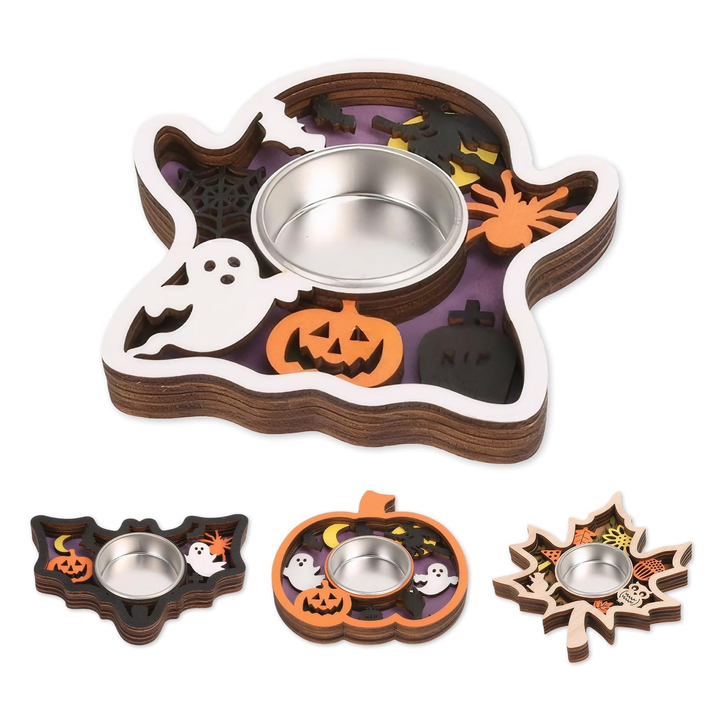 Halloween Tea Light Candle Holders 1PCS Wooden Ghost Tealight Holders with Metal Cups for Halloween Party, Table Centerpiece & Home Décor(White-Ghost)