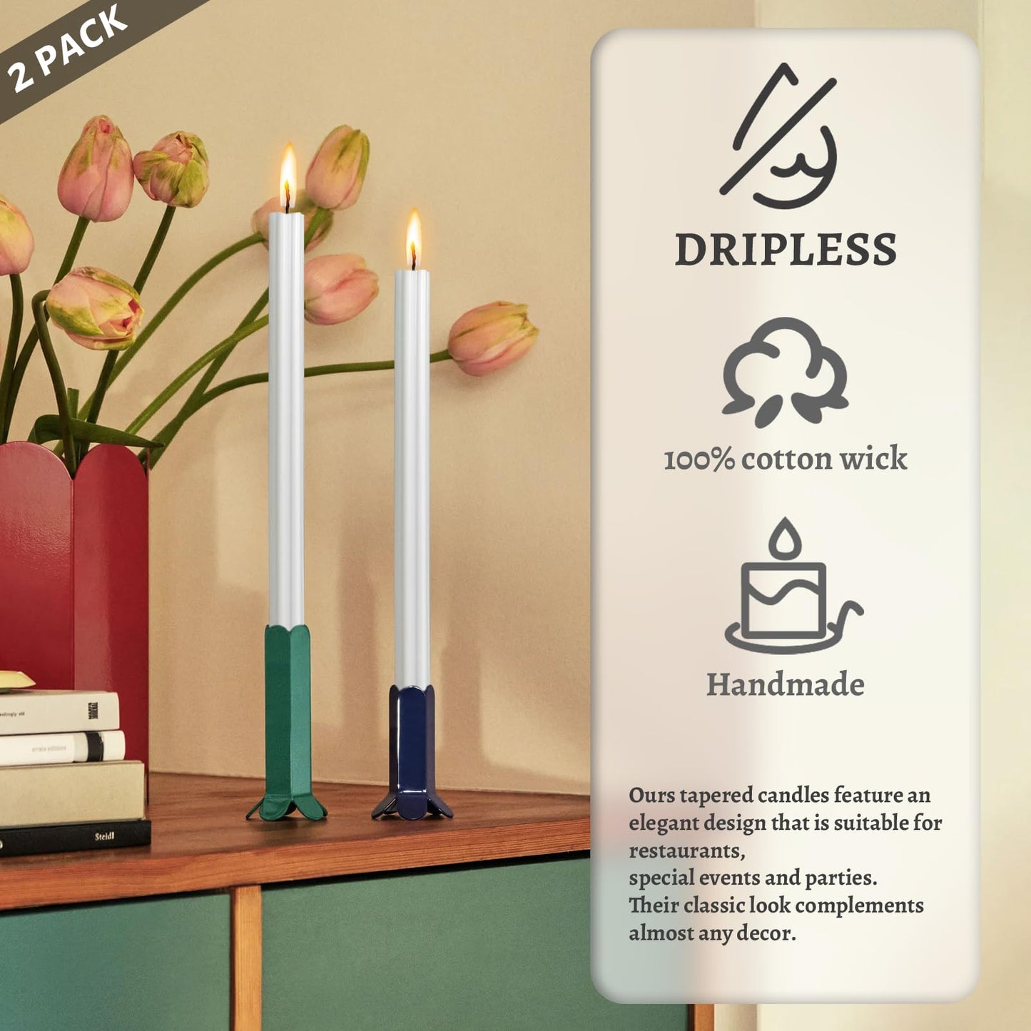 Dripless Taper Candles Unscented White Long Taper Candles Smokeless 10 Inch Roman Column Design Dinner Candlesticks for Home Decoration Holiday Gifts(2Pcs)