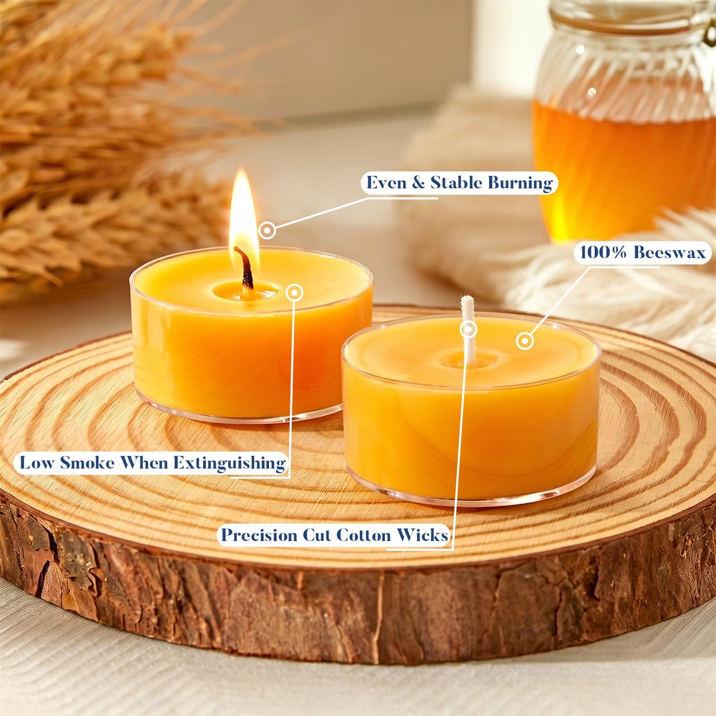 Crenovo Tea Lights Beeswax 48 Pack, 8-Hour 100% Pure Bees Wax Tealight Candles, Smokeless Unscented Votive Cup Candles for Home Spa Meditation Relaxation