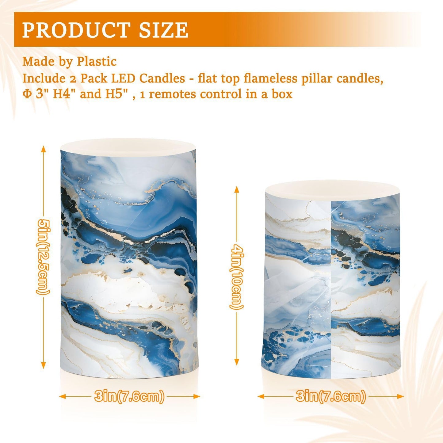 ALAZA White Blue Marble Flickering Flameless Candles Pillar Led Candles Battery Operated Candles with Remote and Timers Set of 2