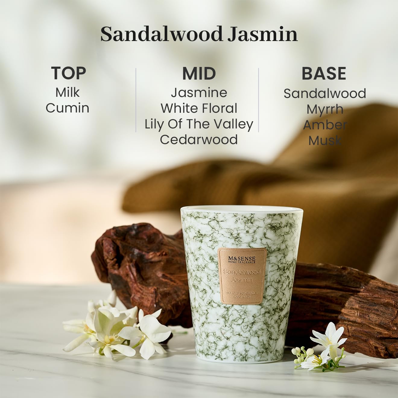 M&SENSE Sandalwood Jasmin Scented Soy Candle, 3 Wick Highly Scented 14.1 Oz 75H, Aromatherapy Christmas Gift for Women and Men