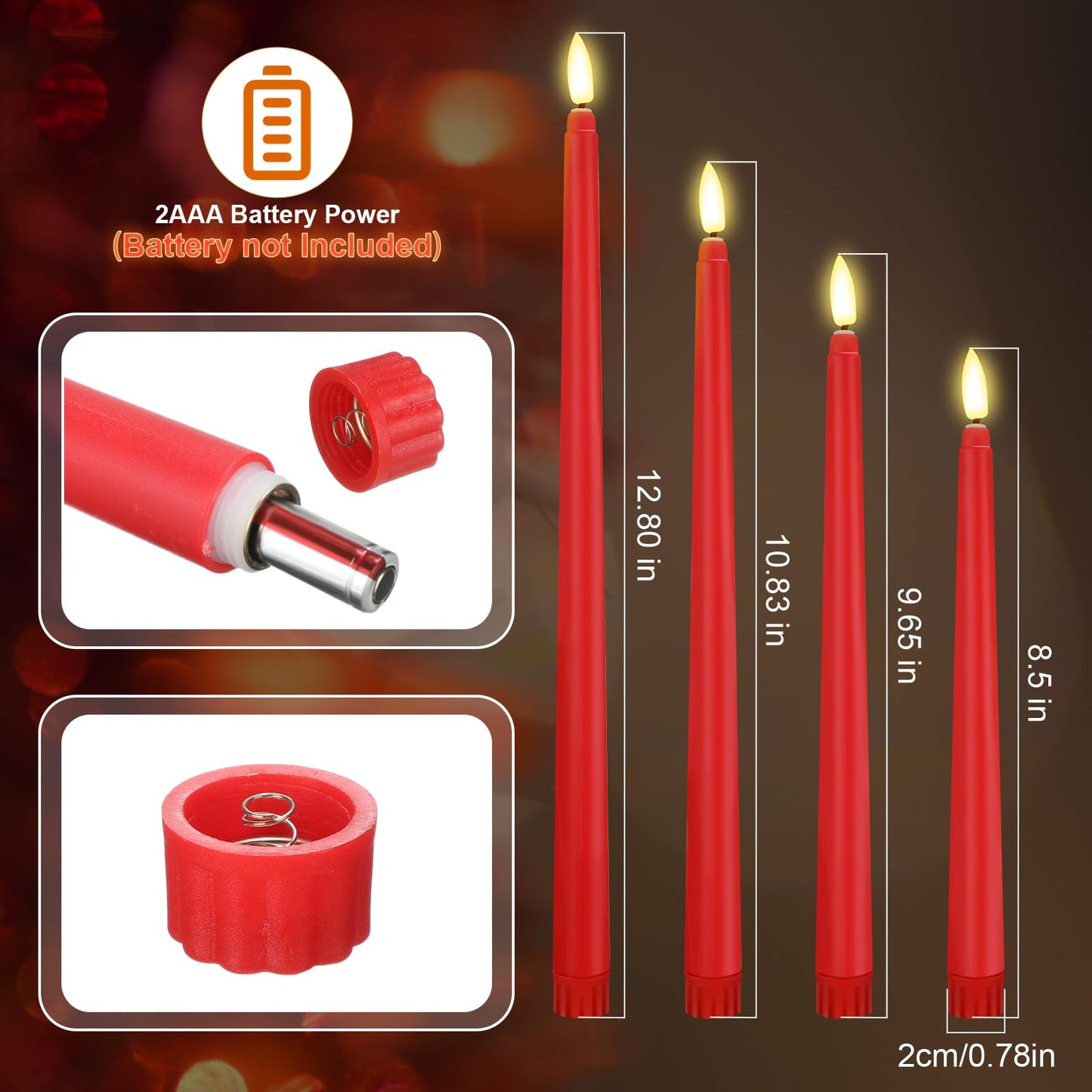 Rossesay 64 Pcs Wedding Flameless LED Taper Candles Battery Operated Candles 4 Sizes of 8.5'', 9.65'', 10.83'', 12.8'' Candlesticks Flickering for Halloween Christmas Church Wedding(Red)