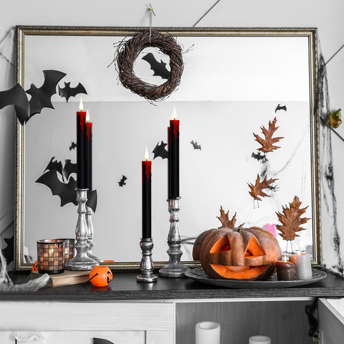 DRomance Black Flameless Taper Candles Flickering with Remote and Timer, Blood Dripping Wax Effect Battery Operated Yellow Light LED Taper Candles Dinner Halloween Spooky Decor(4 Pack, 0.78" x 8.9")