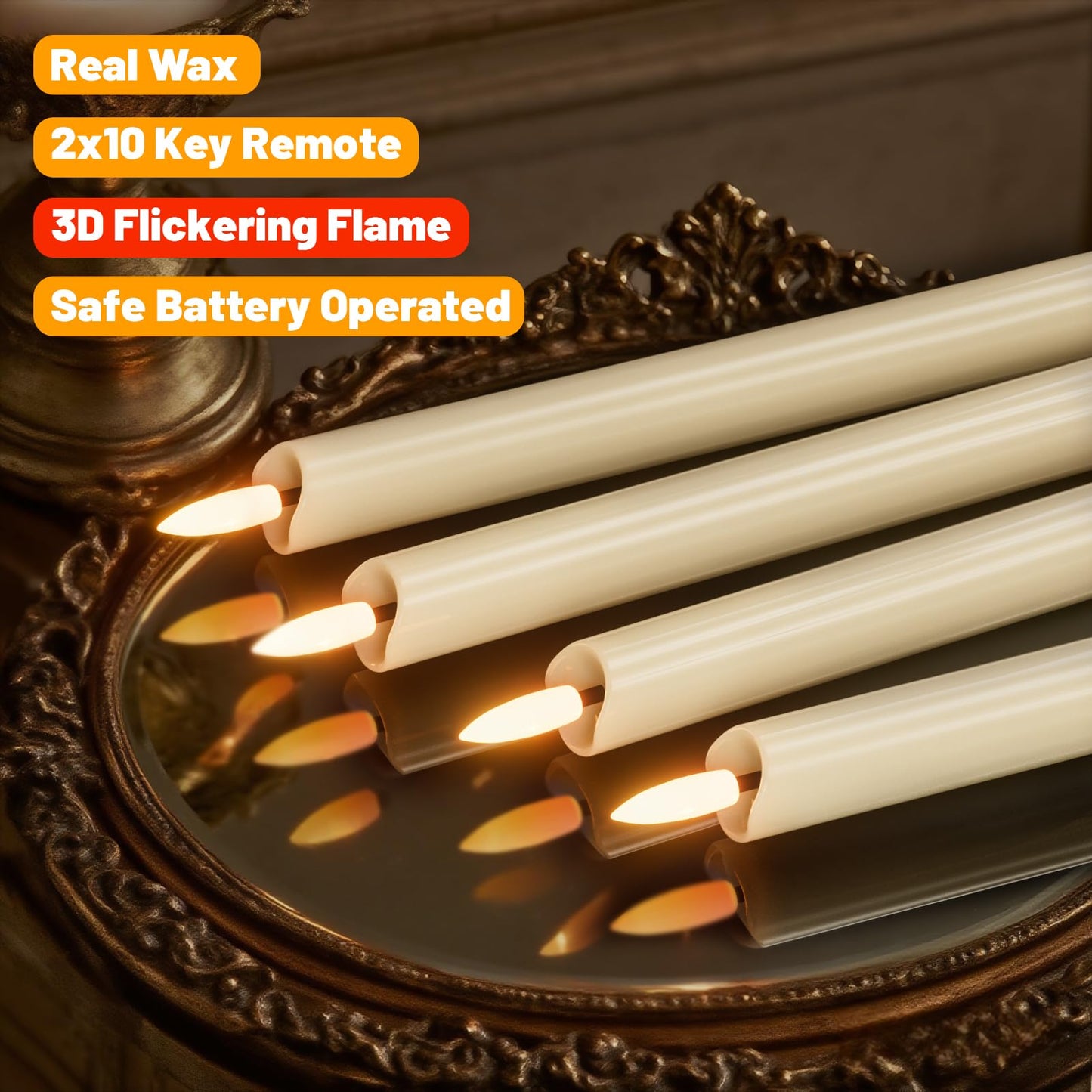 Wondise Flameless Taper Candles with Remote Timer, Real Waxy Battery Operated Flickering Candlesticks, 3D Wick LED Candles 9.6inch for Halloween Christmas Holiday Wedding Decoration (Ivory