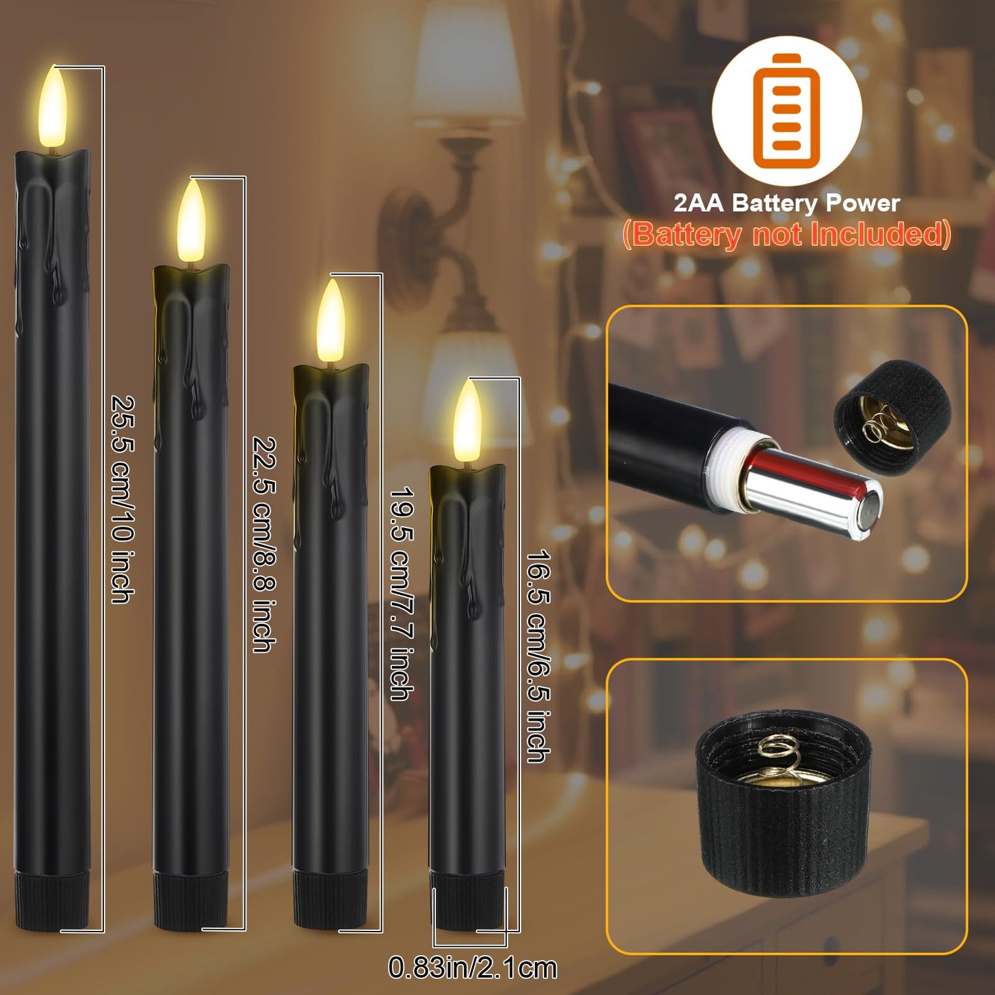 Macarrie 24 Pcs Black Flameless Taper Candles LED Battery Operated 6.5'', 7.7'', 8.8'', 10'' 3D Flickering Flame Candlesticks Drip Wax Shaped Candle for Wedding Anniversary Party Decoration