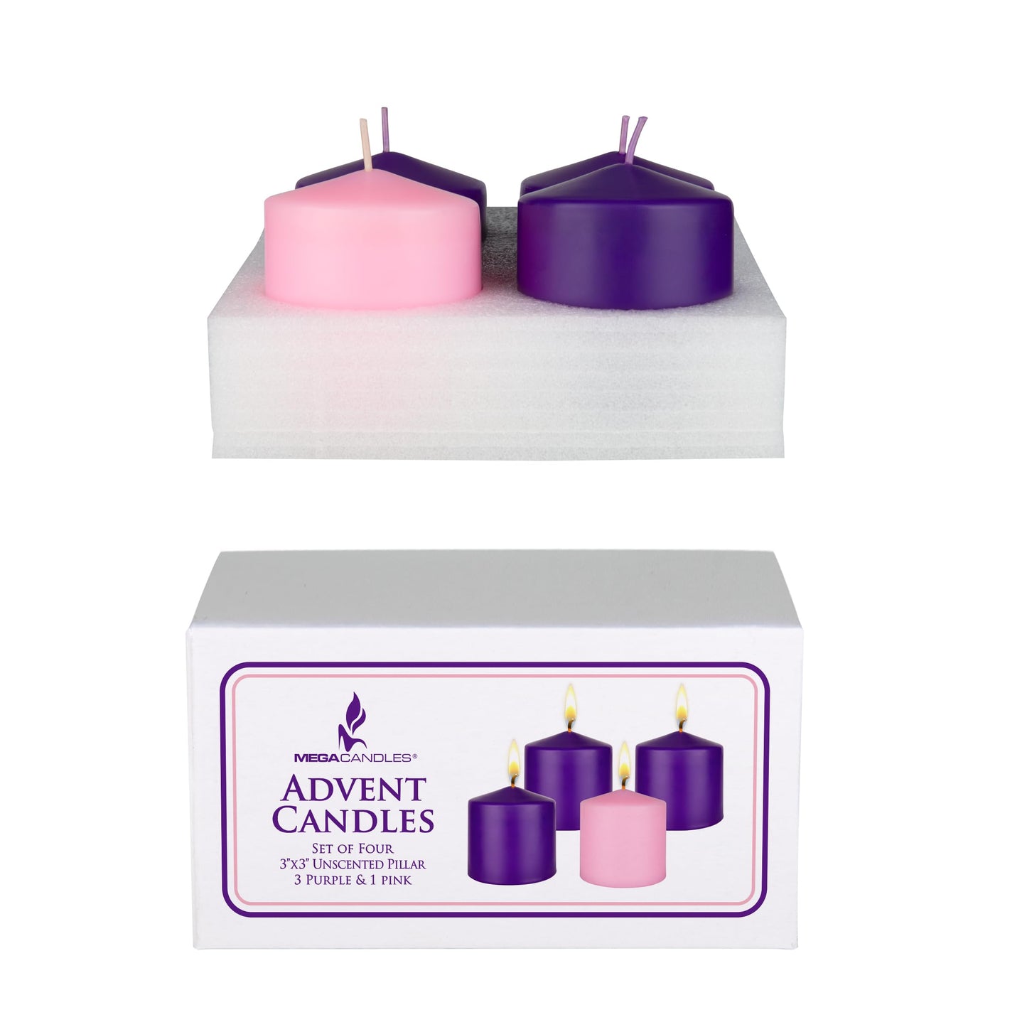 Mega Candles 4 pcs Unscented Christmas Advent Candles Set, Hand Poured Premium Wax Dome Top Round Pillar Candle 3 Inch x 3 Inch, Holidays, Festivities, Devotional, Church, Wreath, Party, Gifts
