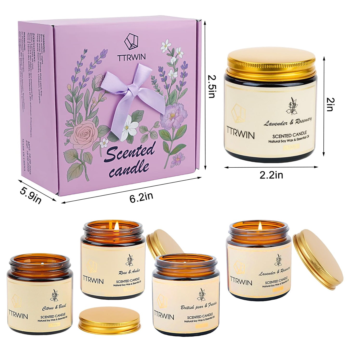 TTRWIN Scented Candles Gift Set, 4 Pick Natural Soy Candles: British pear & Freesia, Rose & Amber, Lavender & Rosemary, Citrus & Basil, Birthday Gifts for Women, Gifts for Mother's Day