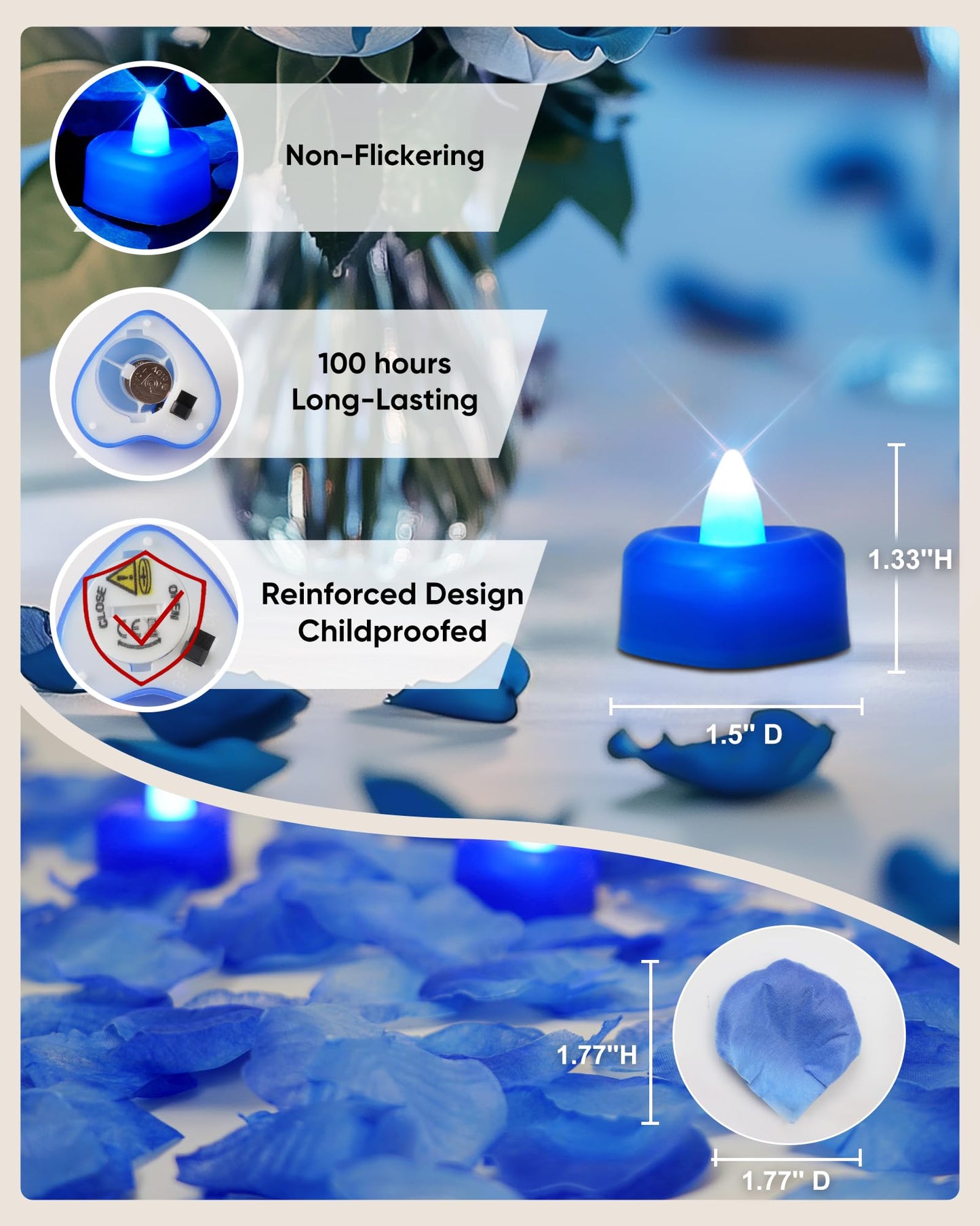 Amagic 1000 Pieces Blue Artificial Rose Petals with 12 Blue Heart LED Tea Lights, Rose Petals, and Candles Set for Proposal, Anniversary, Romantic Night, Wedding Decor